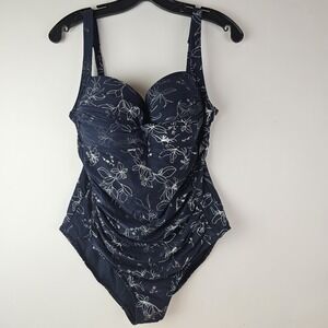 Nip Tuck Womens 12 Swimsuit Navy Nylon Floral Multi Fit Cup One Piece Swimwear